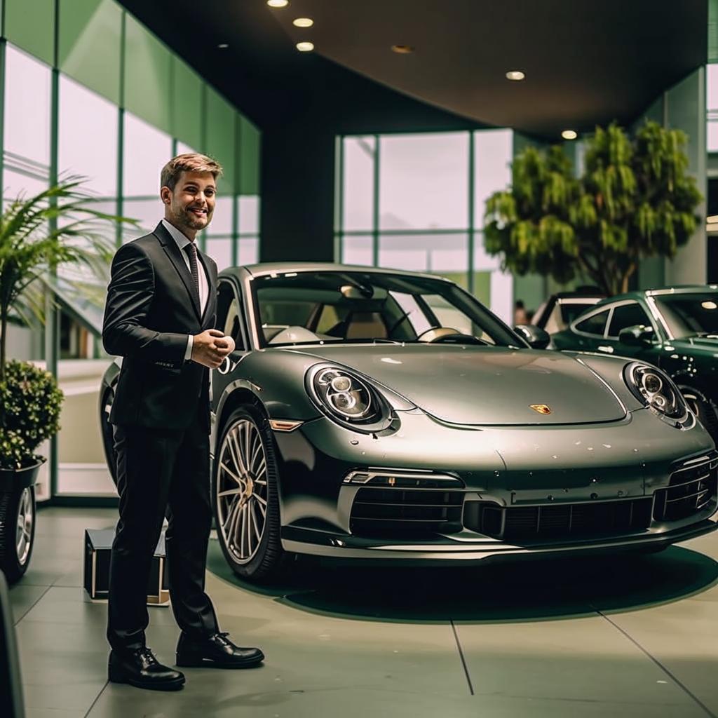 Chauffeur présentant une Porsche à un client